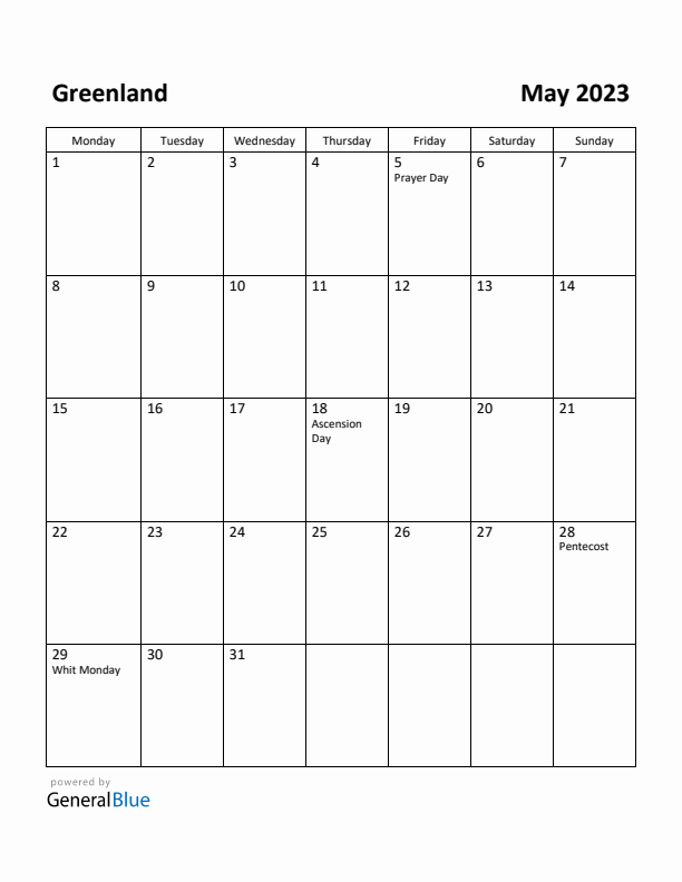 May 2023 Calendar with Greenland Holidays