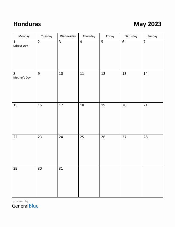 May 2023 Calendar with Honduras Holidays