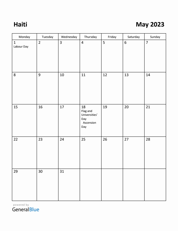 May 2023 Calendar with Haiti Holidays