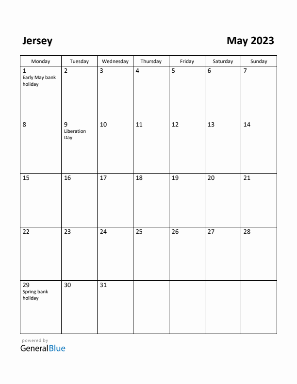 May 2023 Calendar with Jersey Holidays