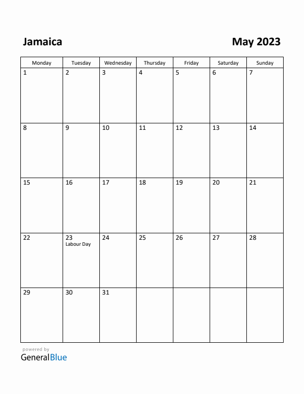 May 2023 Calendar with Jamaica Holidays