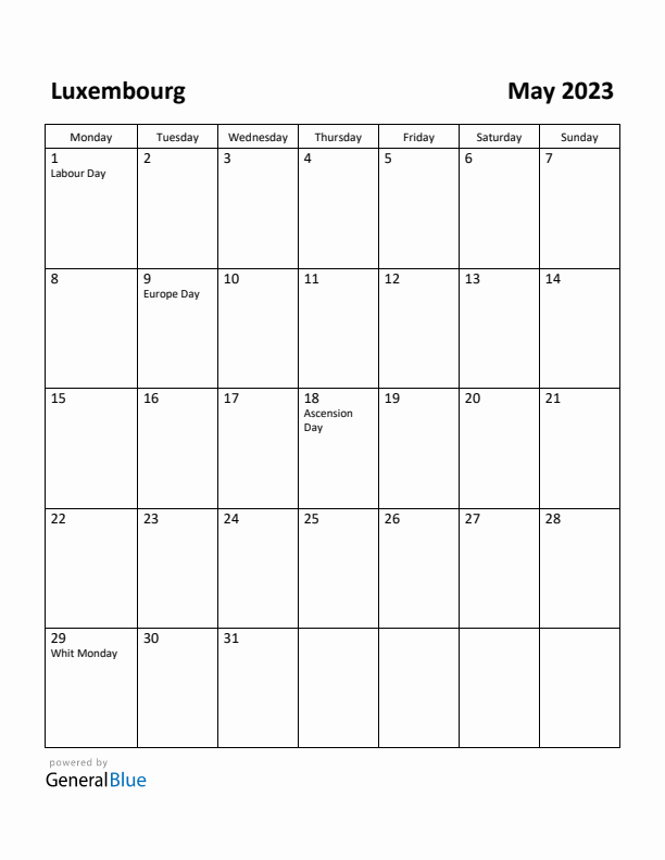 May 2023 Calendar with Luxembourg Holidays