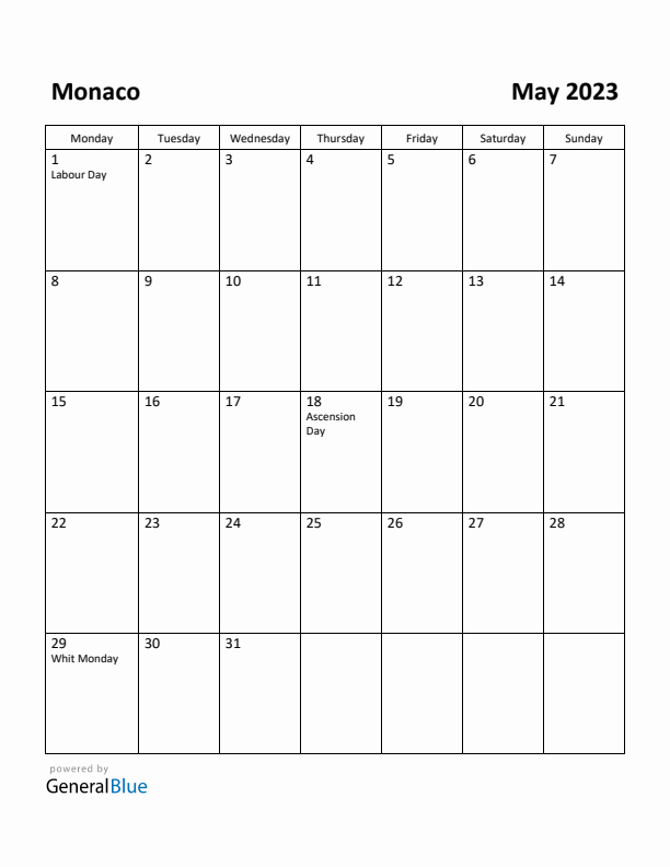 May 2023 Calendar with Monaco Holidays