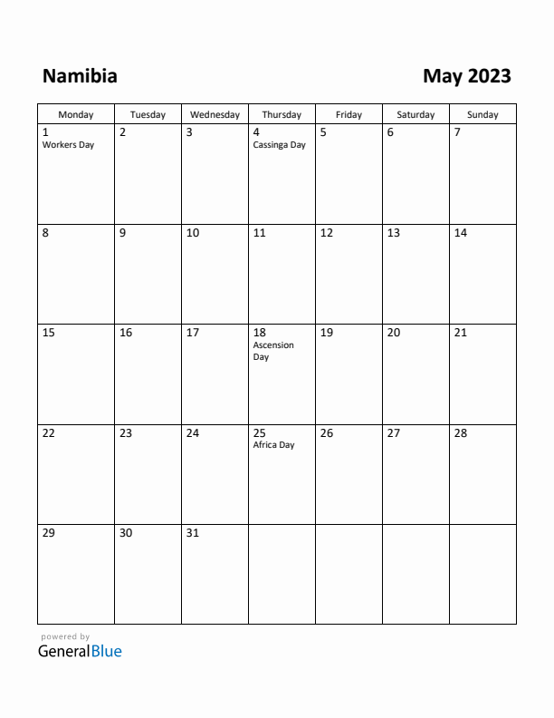 May 2023 Calendar with Namibia Holidays