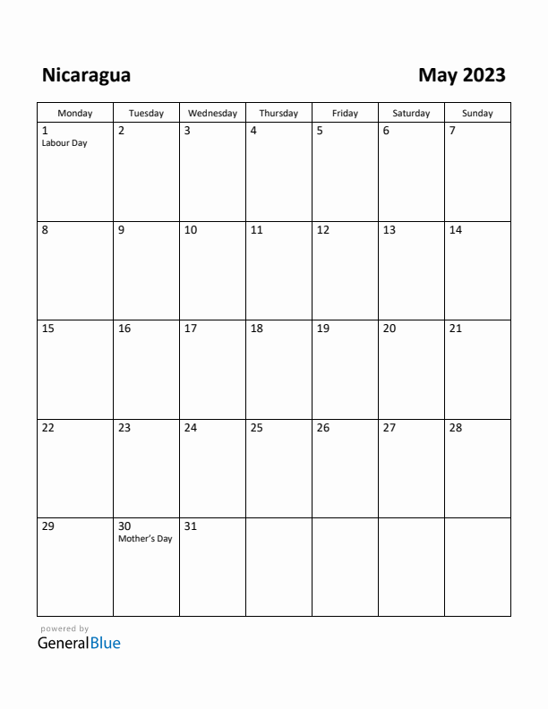 May 2023 Calendar with Nicaragua Holidays