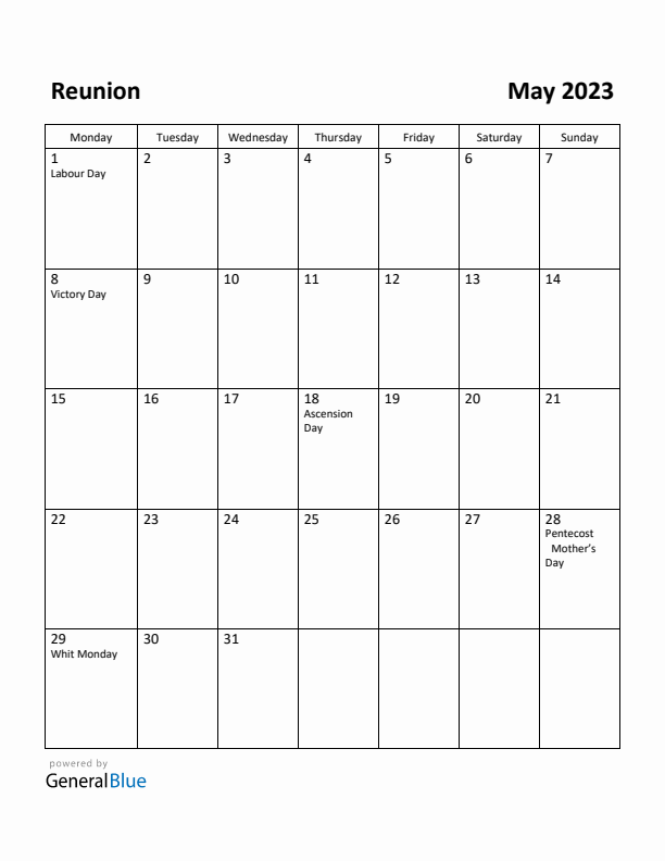 May 2023 Calendar with Reunion Holidays