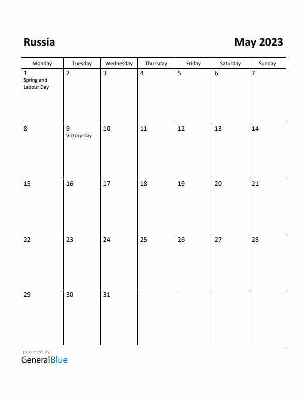 May 2023 Calendar with Russia Holidays