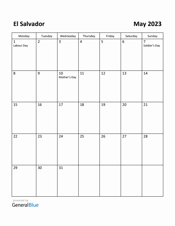 May 2023 Calendar with El Salvador Holidays