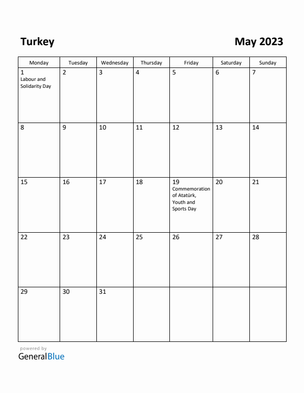 May 2023 Calendar with Turkey Holidays