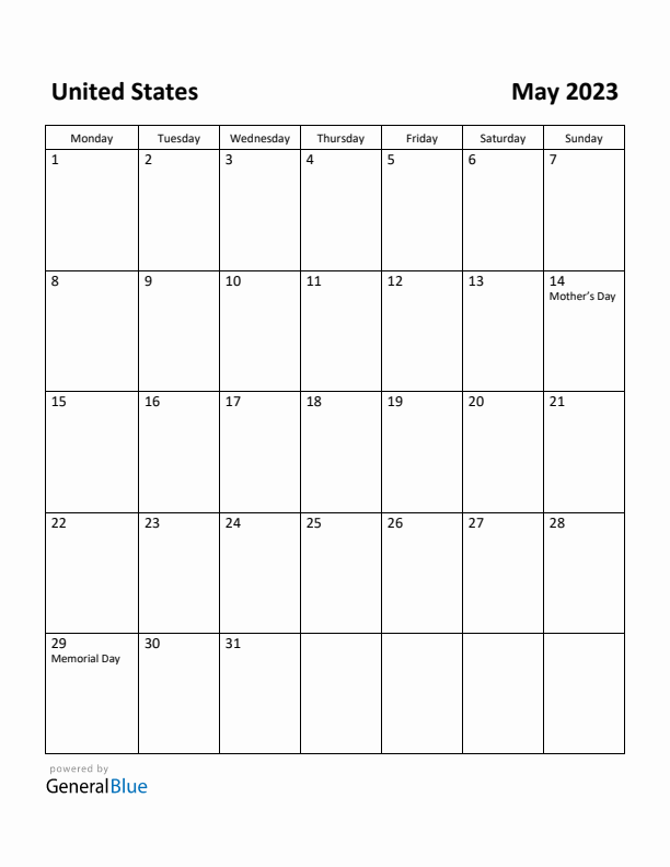 May 2023 Calendar with United States Holidays