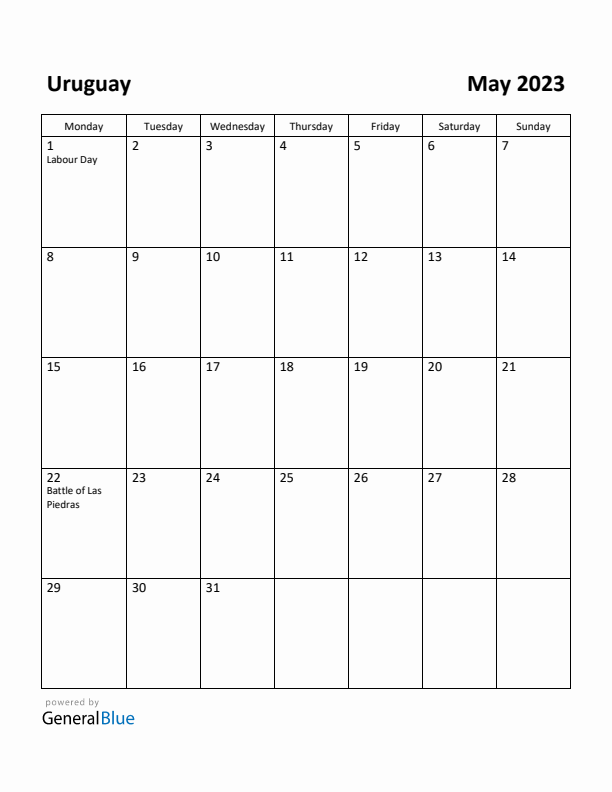 May 2023 Calendar with Uruguay Holidays