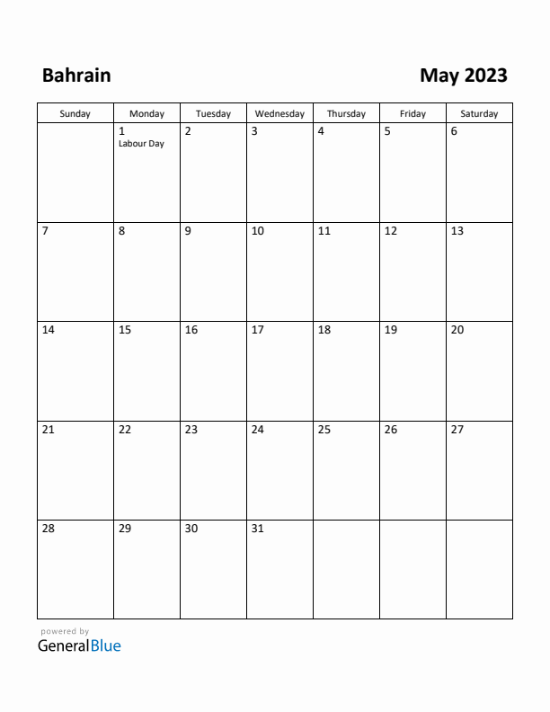 May 2023 Calendar with Bahrain Holidays