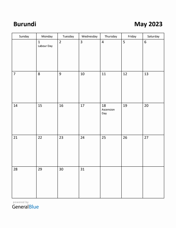 May 2023 Calendar with Burundi Holidays