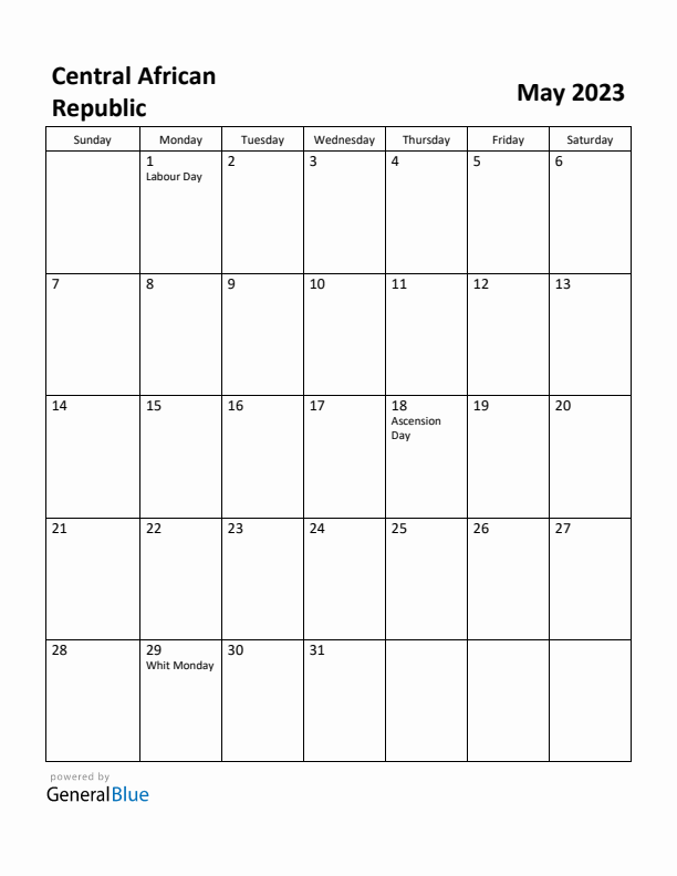 May 2023 Calendar with Central African Republic Holidays