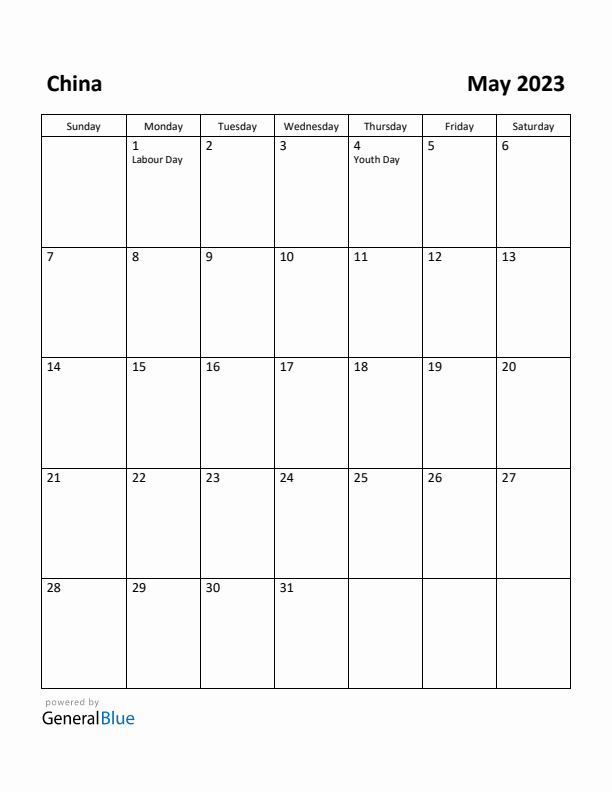 May 2023 Calendar with China Holidays