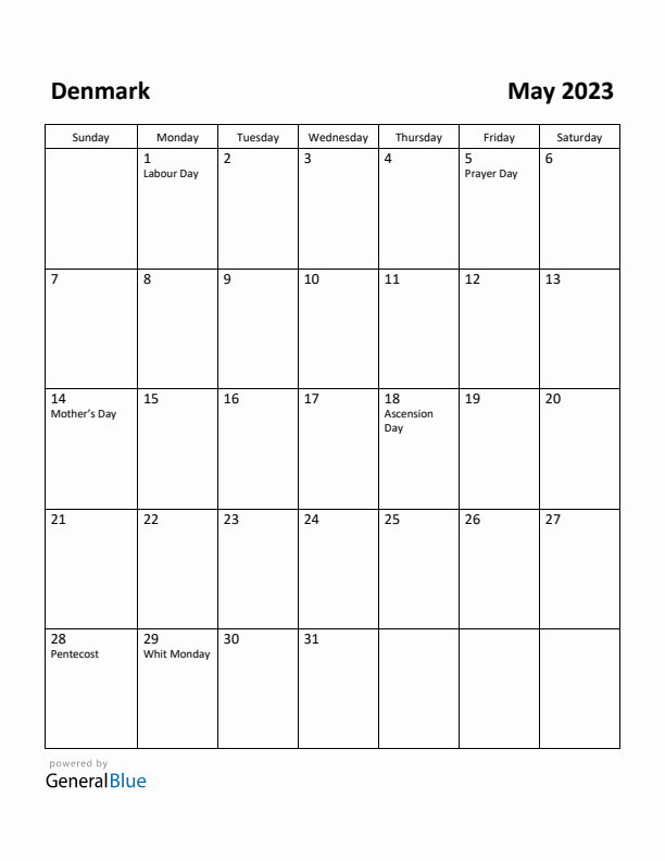 May 2023 Calendar with Denmark Holidays