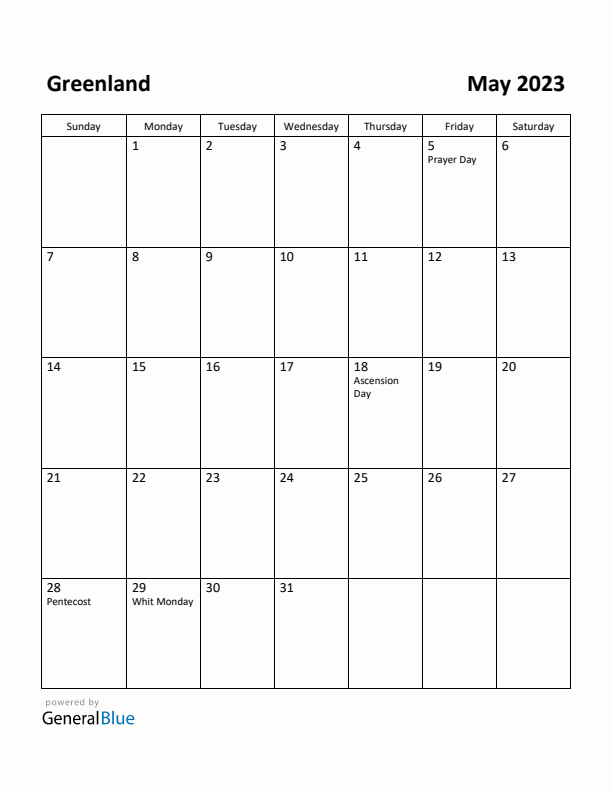 May 2023 Calendar with Greenland Holidays