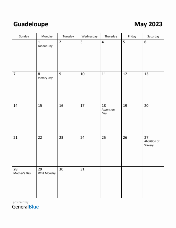 May 2023 Calendar with Guadeloupe Holidays