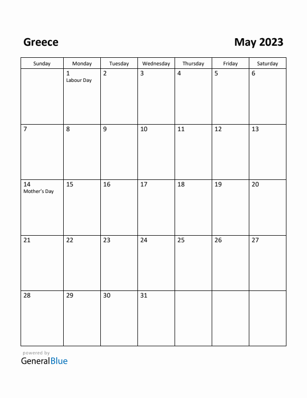 May 2023 Calendar with Greece Holidays