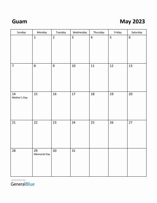 May 2023 Calendar with Guam Holidays