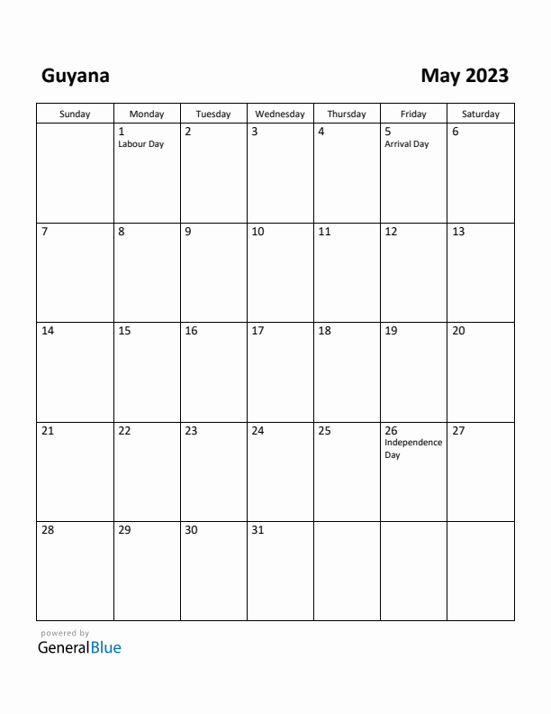 May 2023 Calendar with Guyana Holidays