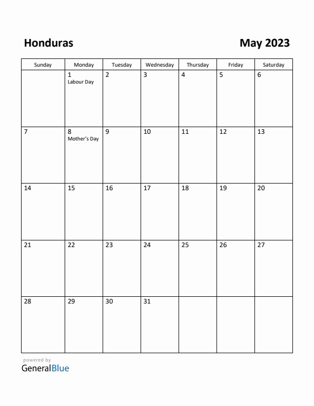 May 2023 Calendar with Honduras Holidays