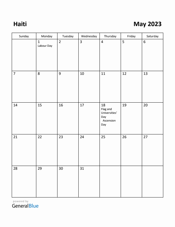 May 2023 Calendar with Haiti Holidays