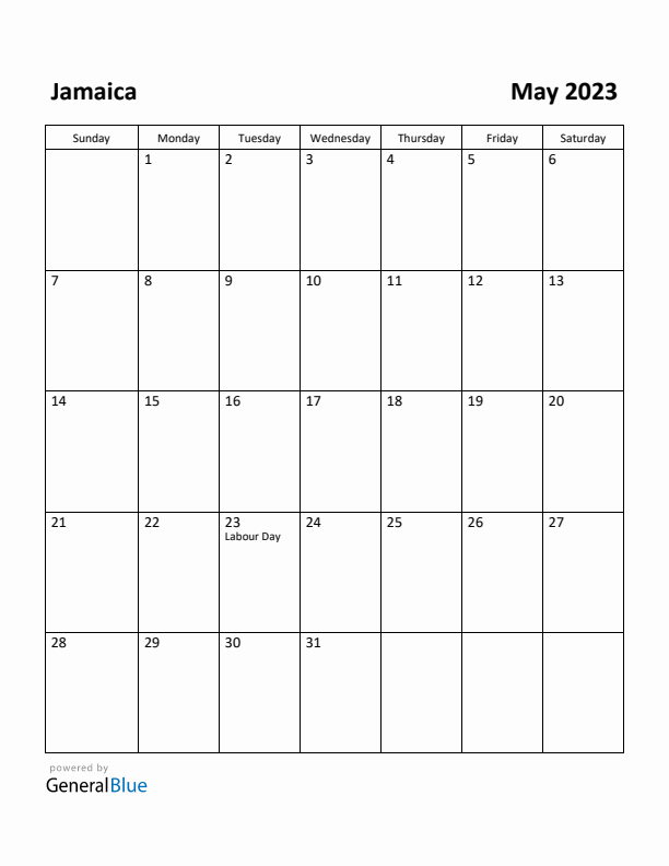 May 2023 Calendar with Jamaica Holidays