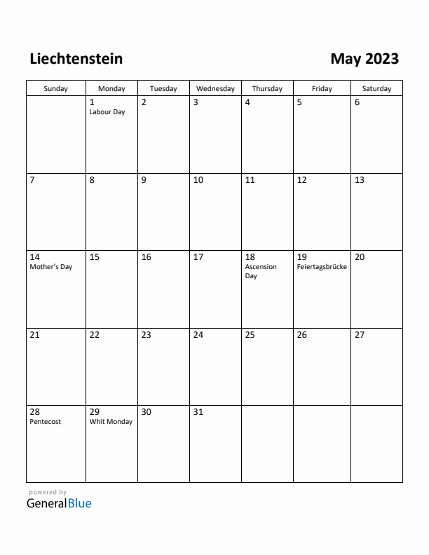 May 2023 Calendar with Liechtenstein Holidays