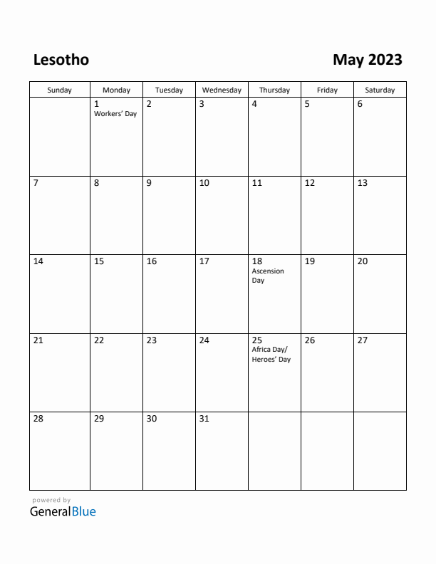 May 2023 Calendar with Lesotho Holidays