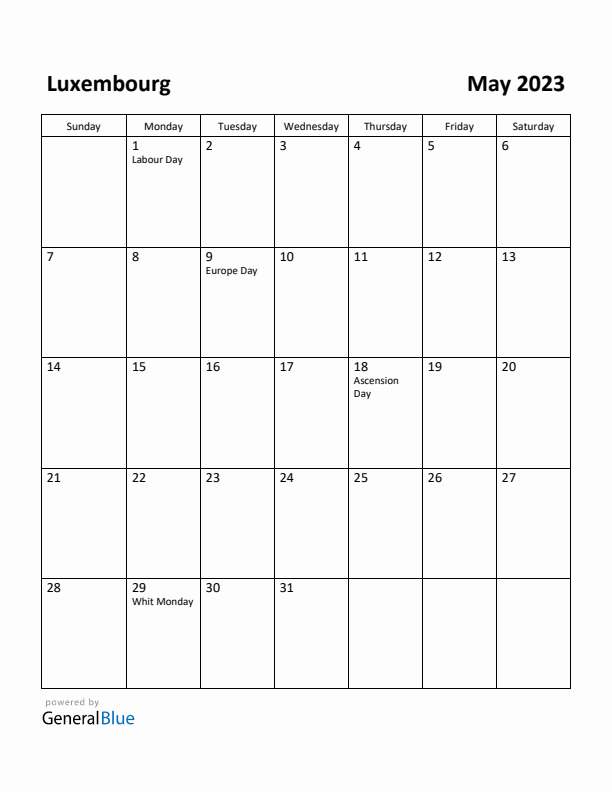 May 2023 Calendar with Luxembourg Holidays