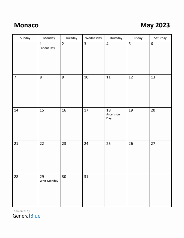 May 2023 Calendar with Monaco Holidays