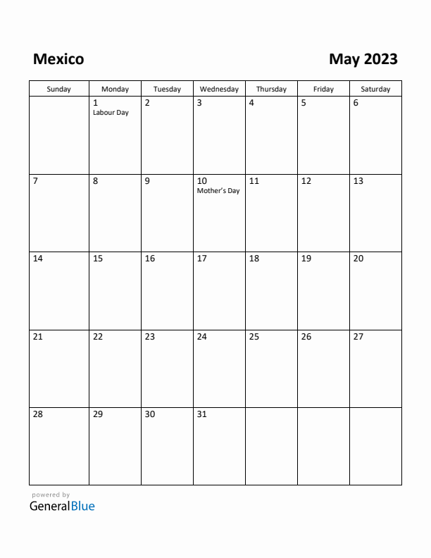 May 2023 Calendar with Mexico Holidays