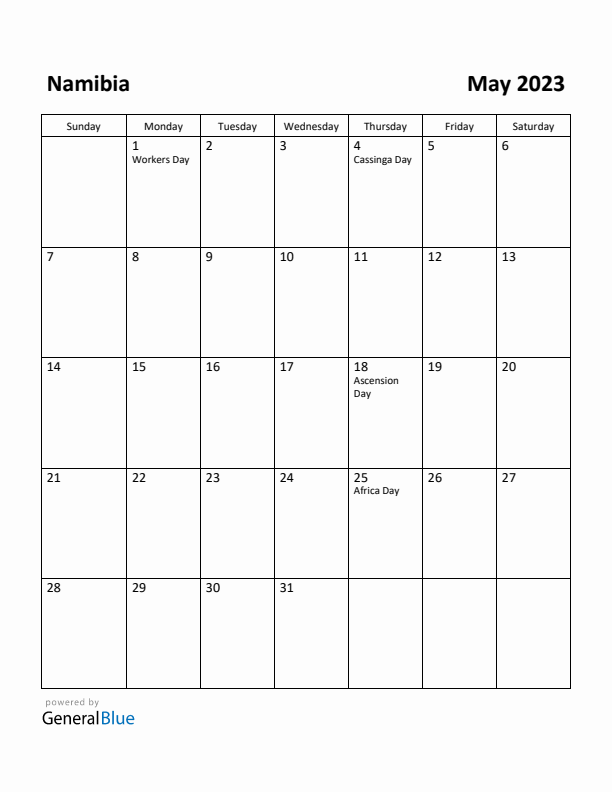 May 2023 Calendar with Namibia Holidays