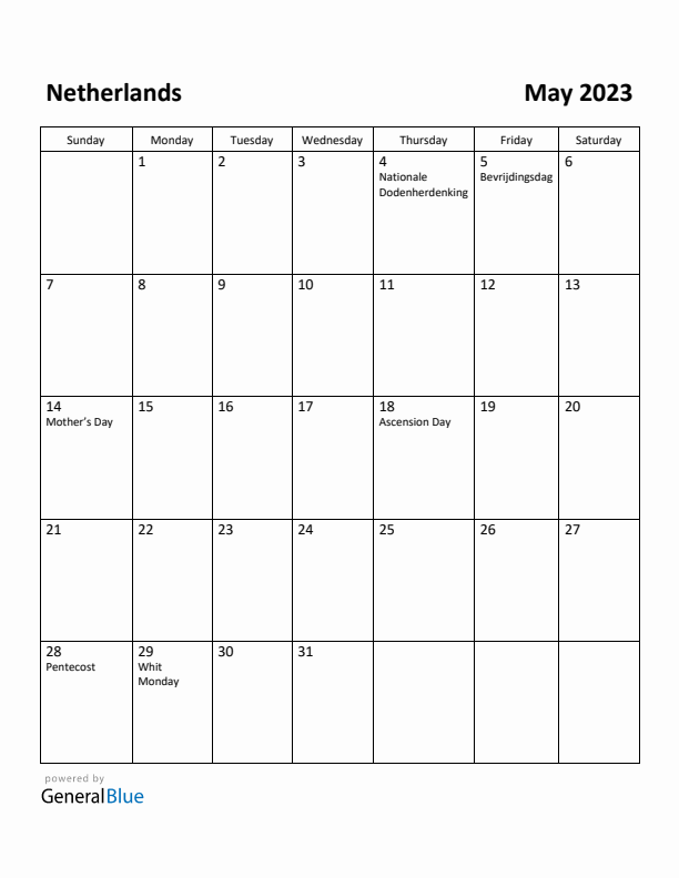 May 2023 Calendar with The Netherlands Holidays