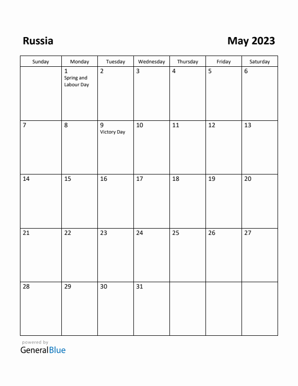 May 2023 Calendar with Russia Holidays