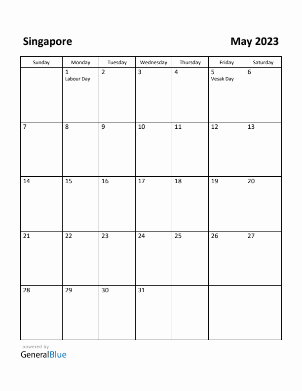 May 2023 Calendar with Singapore Holidays