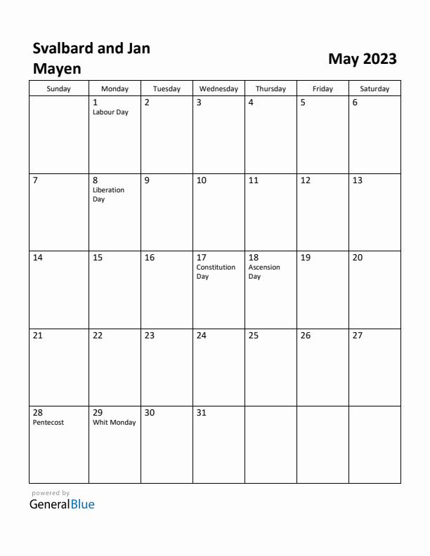 May 2023 Calendar with Svalbard and Jan Mayen Holidays