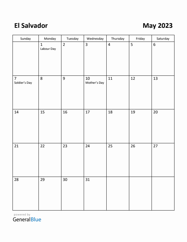 May 2023 Calendar with El Salvador Holidays