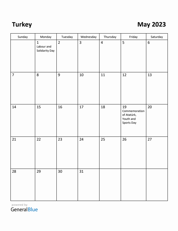 May 2023 Calendar with Turkey Holidays