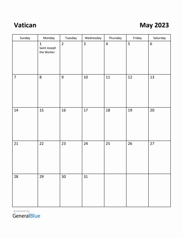 May 2023 Calendar with Vatican Holidays