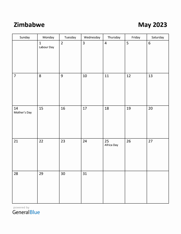 May 2023 Calendar with Zimbabwe Holidays