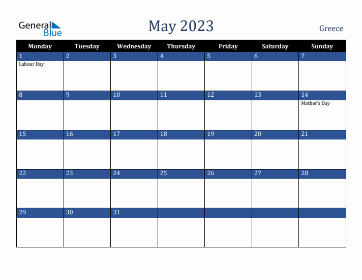 May 2023 Greece Calendar (Monday Start)