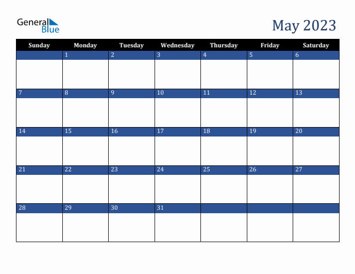 Sunday Start Calendar for May 2023