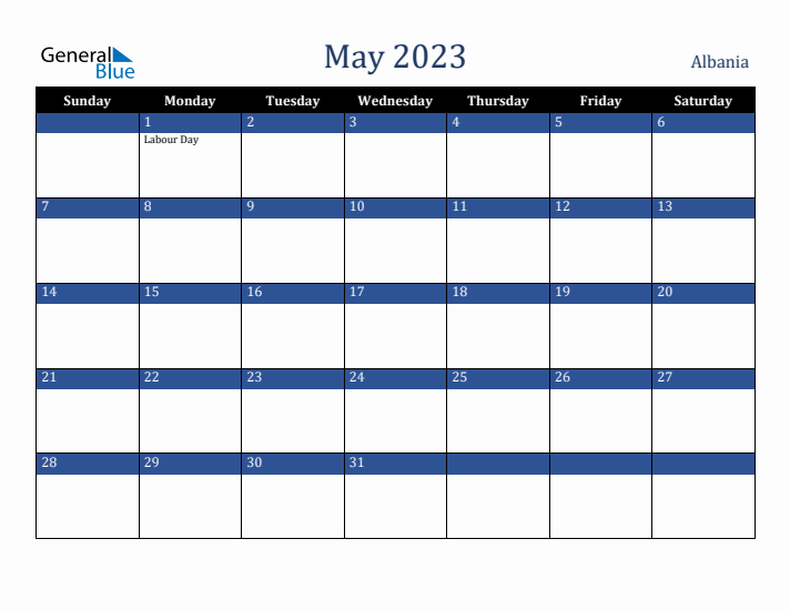 May 2023 Albania Calendar (Sunday Start)