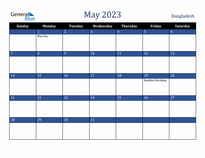 May 2023 Bangladesh Calendar (Sunday Start)