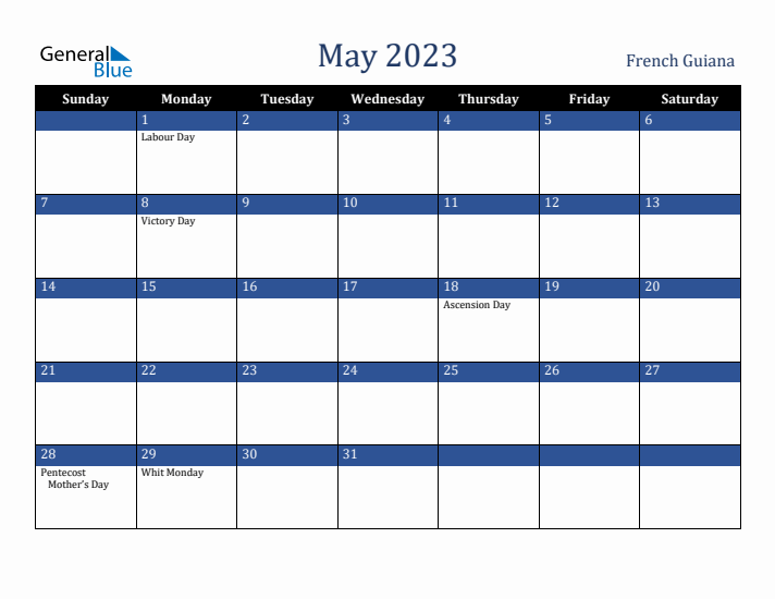 May 2023 French Guiana Calendar (Sunday Start)