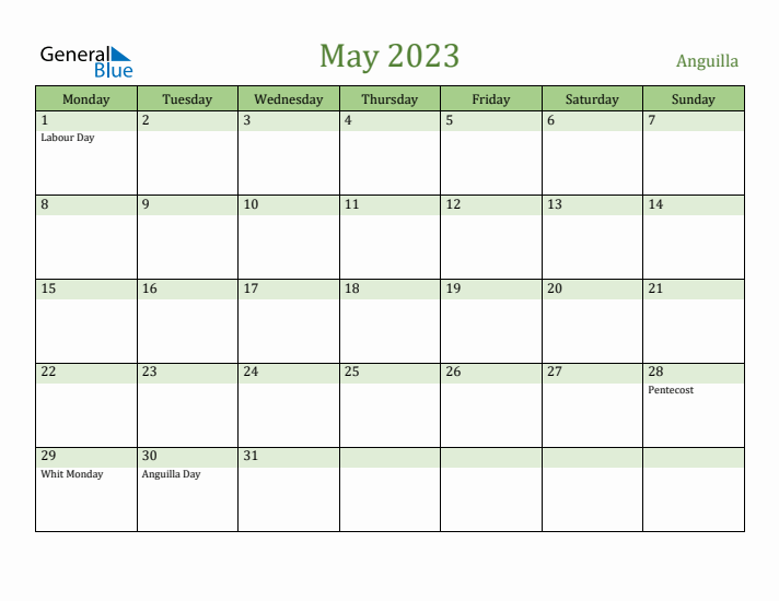 May 2023 Calendar with Anguilla Holidays