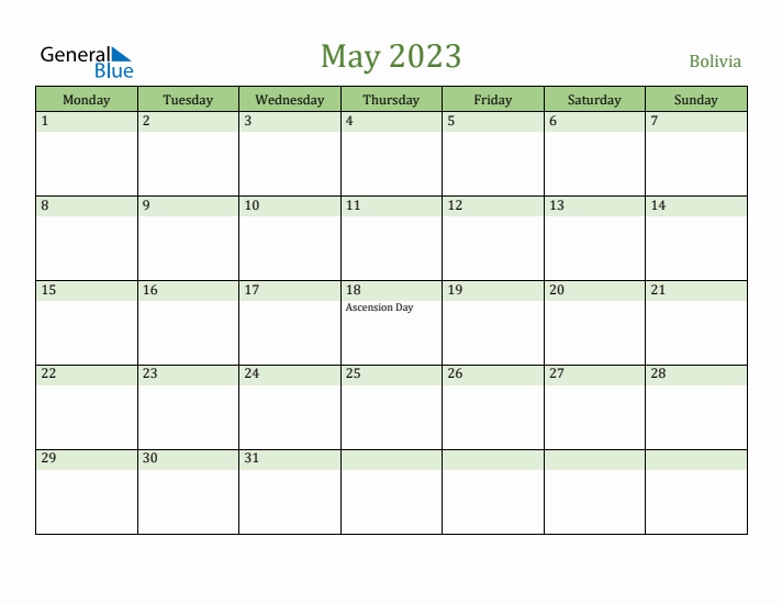 May 2023 Calendar with Bolivia Holidays