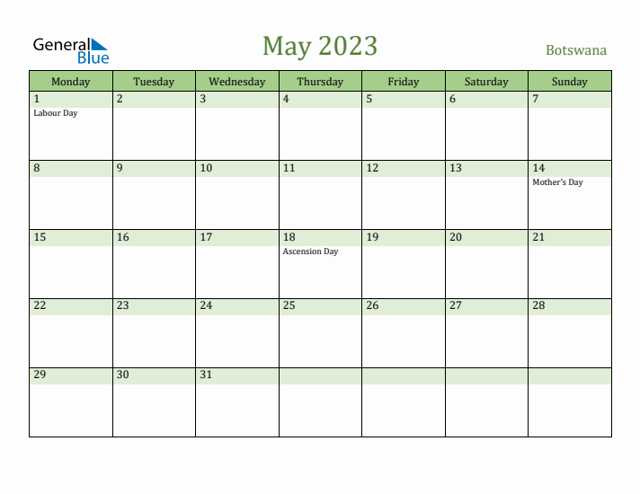 May 2023 Calendar with Botswana Holidays